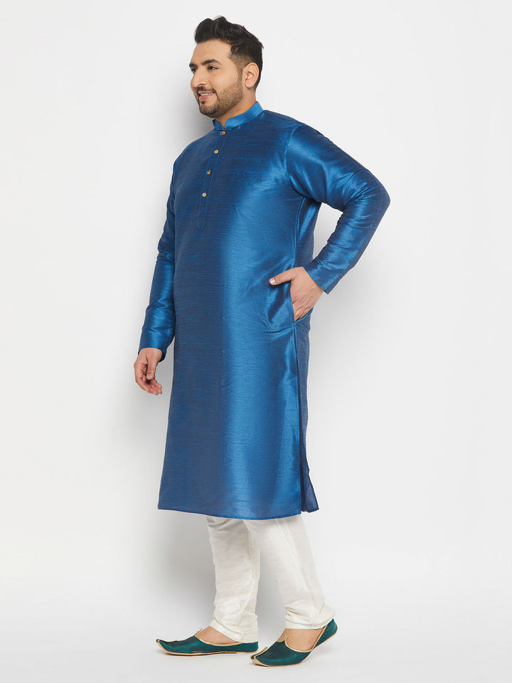 VASTRAMAY Men's Plus Size Turquoise Blue Silk Blend Kurta Pant Set with intricate embroidery and comfortable fit for a stylish look