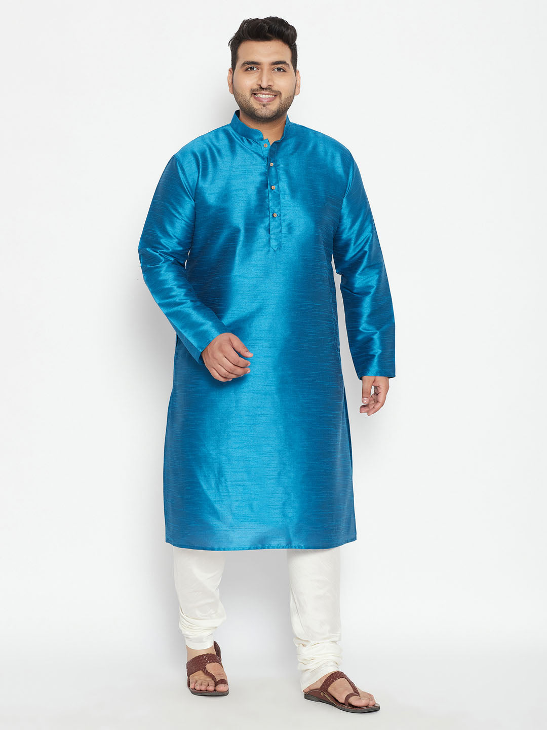 VASTRAMAY Men's Plus Size Turquoise Blue Silk Blend Kurta Pyjama Set