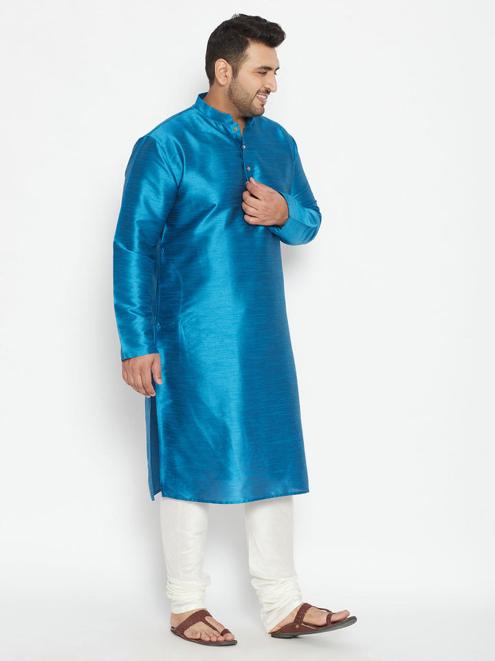 VASTRAMAY Men's Plus Size Turquoise Blue Silk Blend Kurta Pyjama Set, traditional Indian attire for special occasions and events