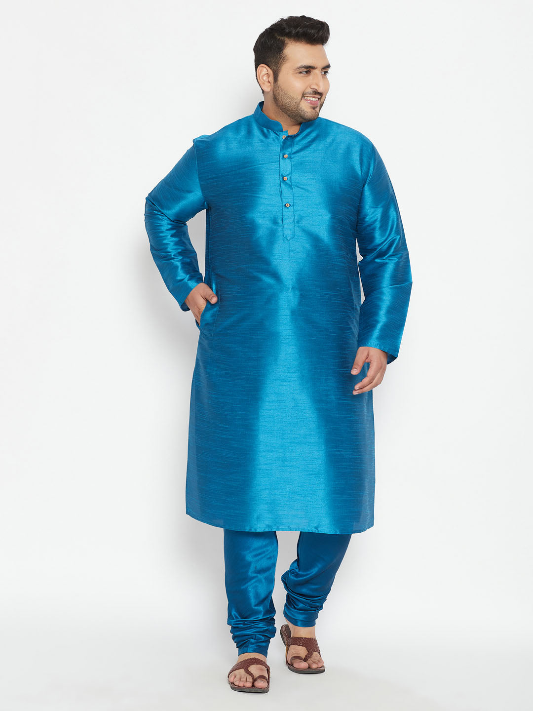 VASTRAMAY Men's Plus Size Turquoise Silk Blend Kurta Pyjama Set