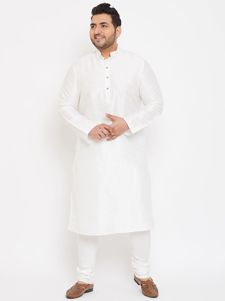 VASTRAMAY Men's Plus Size White Silk Blend Kurta Pyjama Set