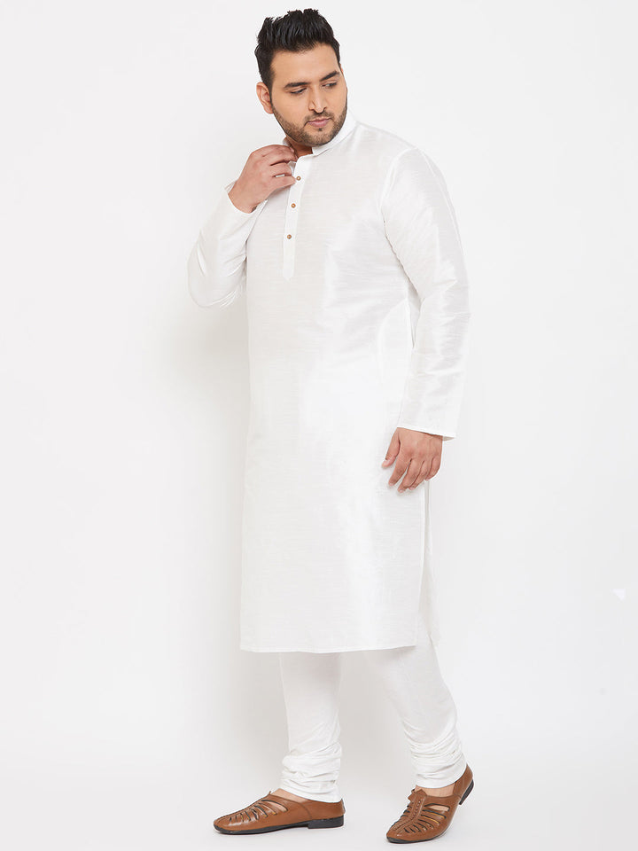 VASTRAMAY Men's Plus Size White Silk Blend Kurta Pyjama Set