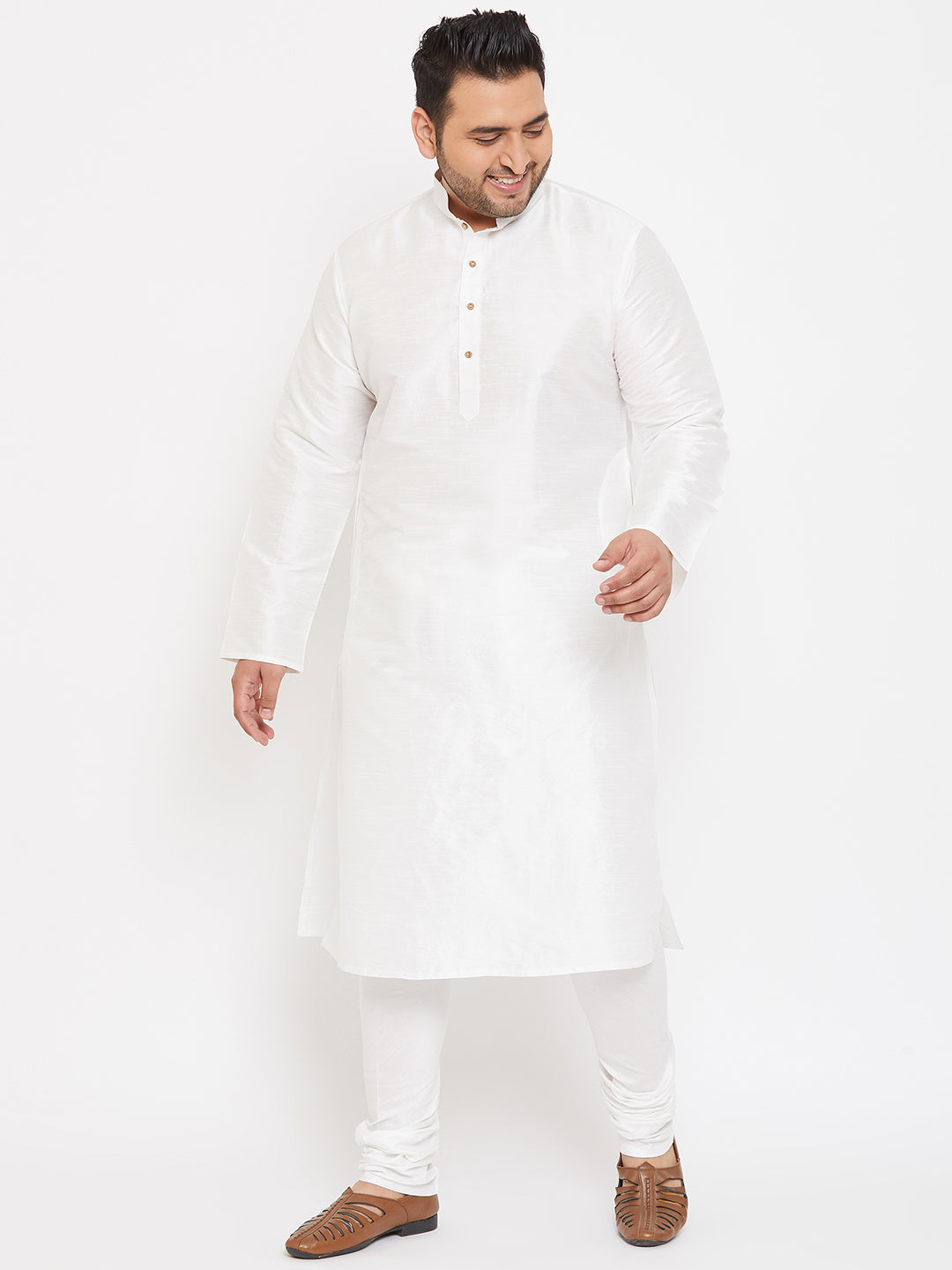 VASTRAMAY Men's Plus Size White Silk Blend Kurta Pyjama Set