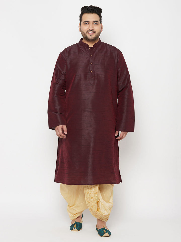 VASTRAMAY Men's Plus Size Wine Silk Blend Kurta Dhoti Set