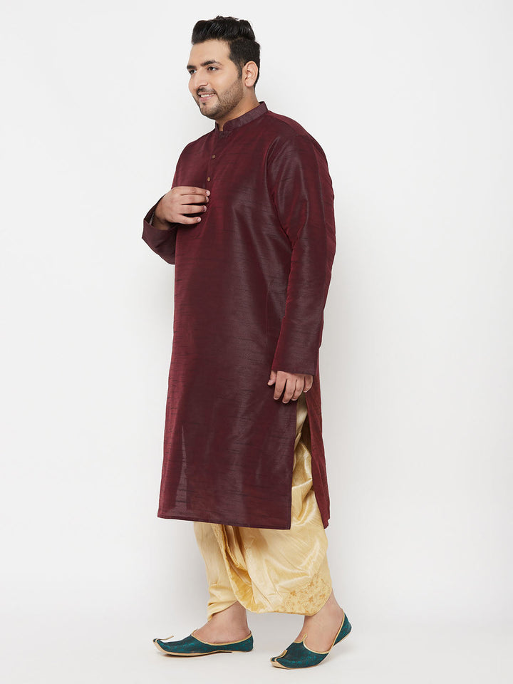 Men's plus size wine silk blend kurta dhoti set with intricate embroidery and traditional design