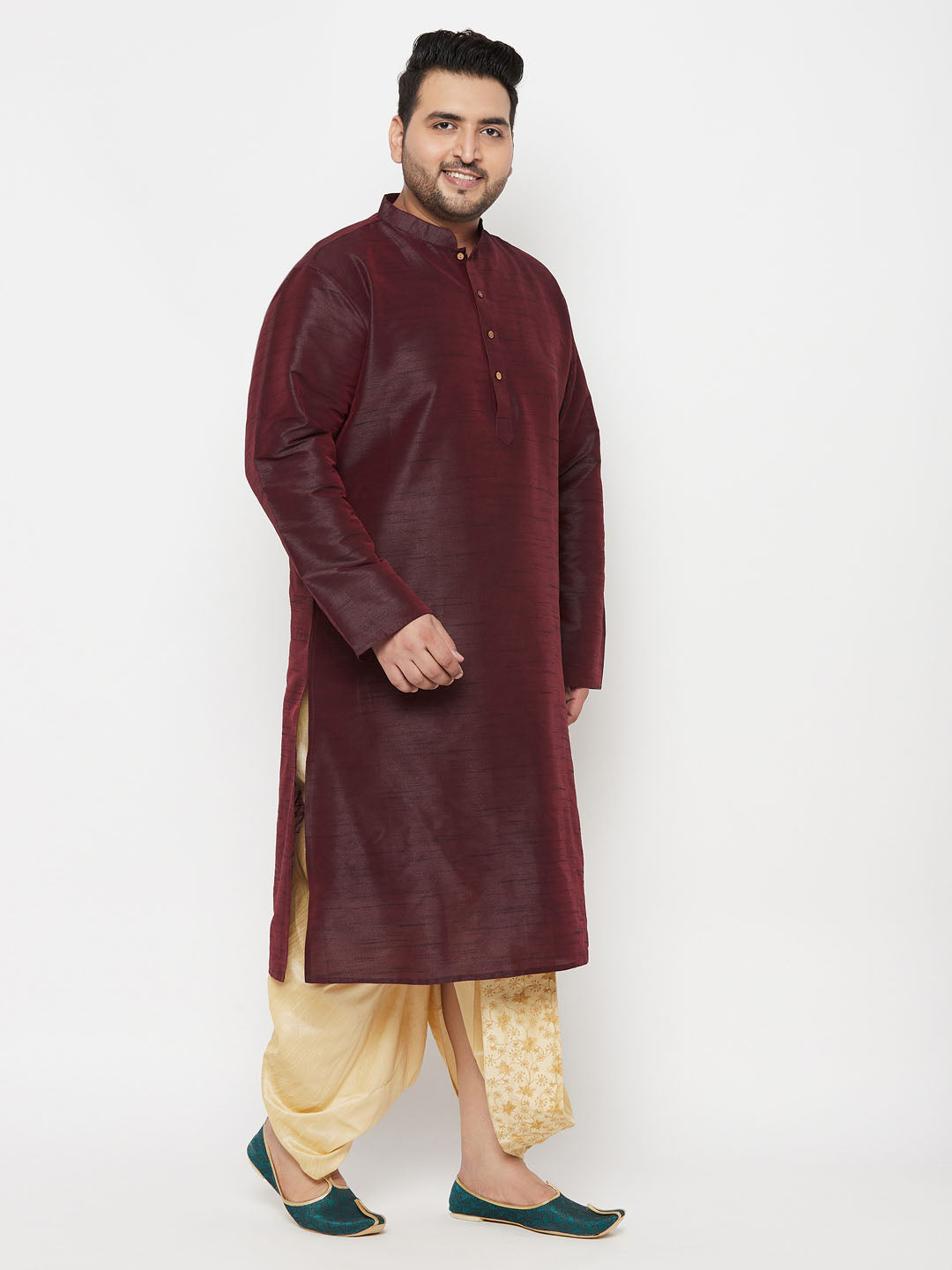 Traditional Indian men's plus size kurta dhoti set in luxurious wine silk blend fabric