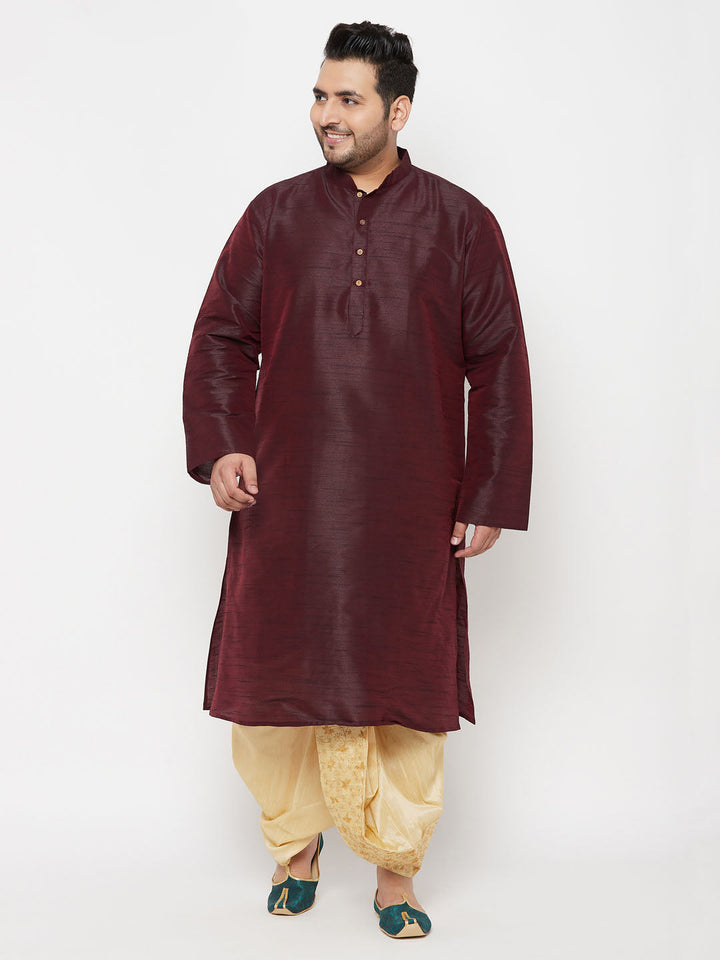 VASTRAMAY Men's Plus Size Wine Silk Blend Kurta Dhoti Set, traditional Indian attire for men in rich wine color