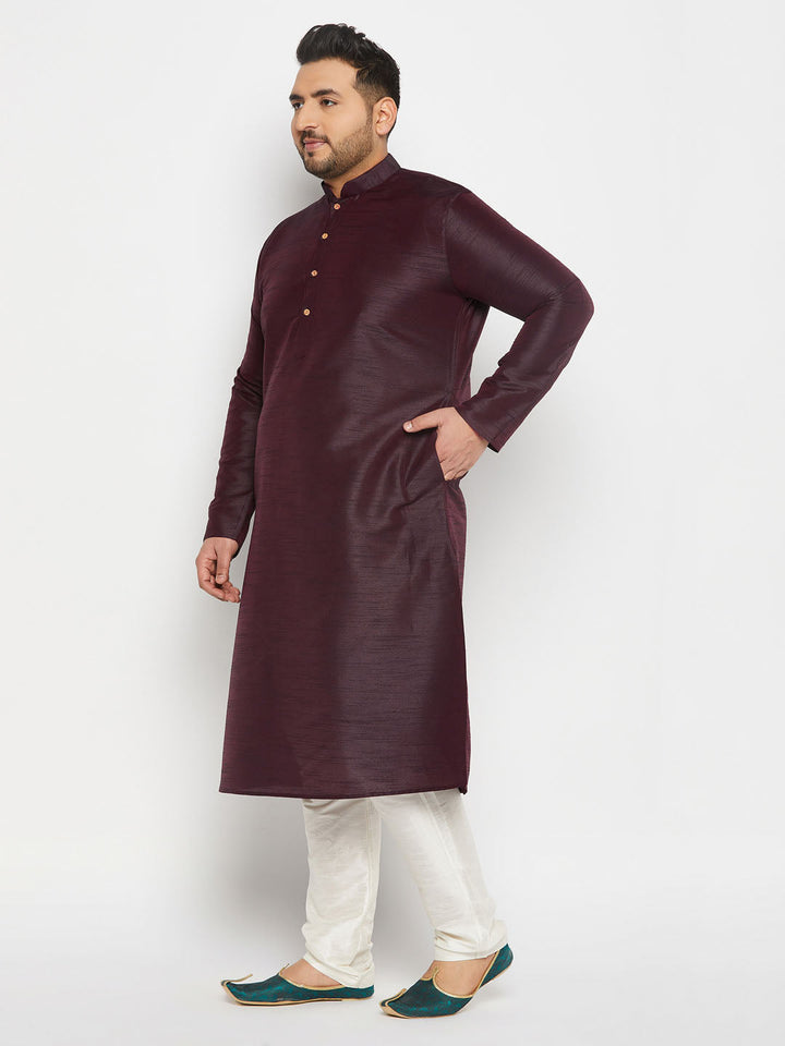 VASTRAMAY Men's Plus Size Burgundy Silk Blend Kurta Pant Set