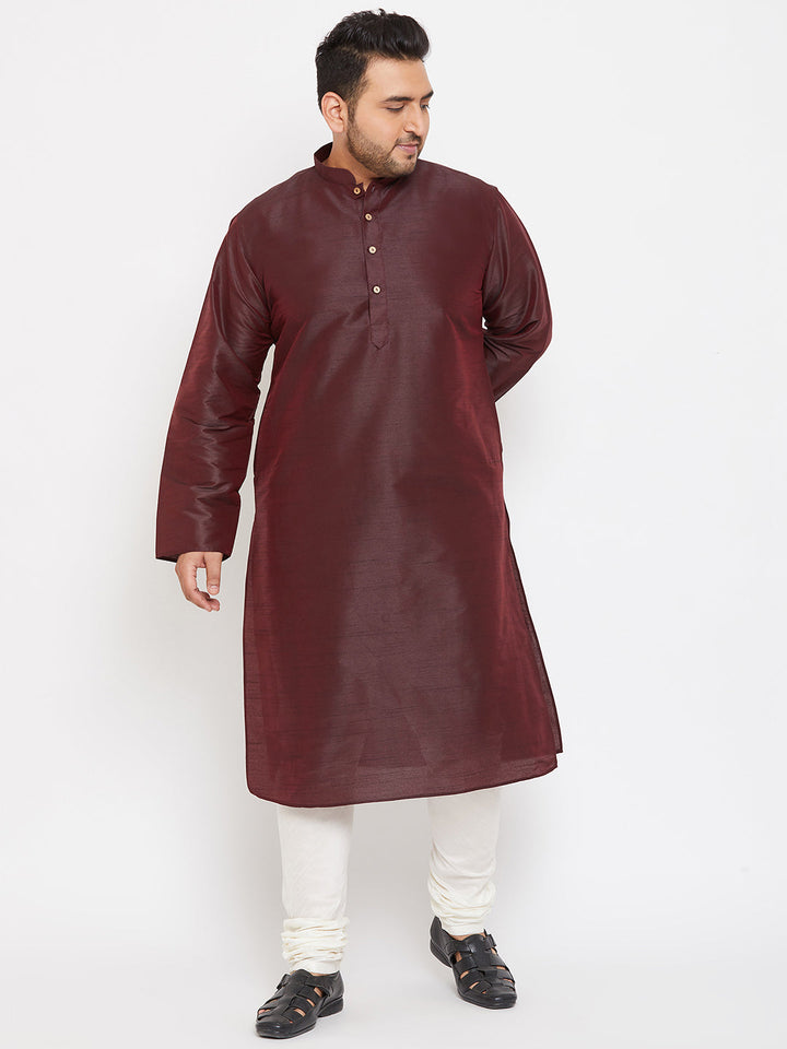 VASTRAMAY Men's Plus Size Wine Silk Blend Kurta Pyjama Set