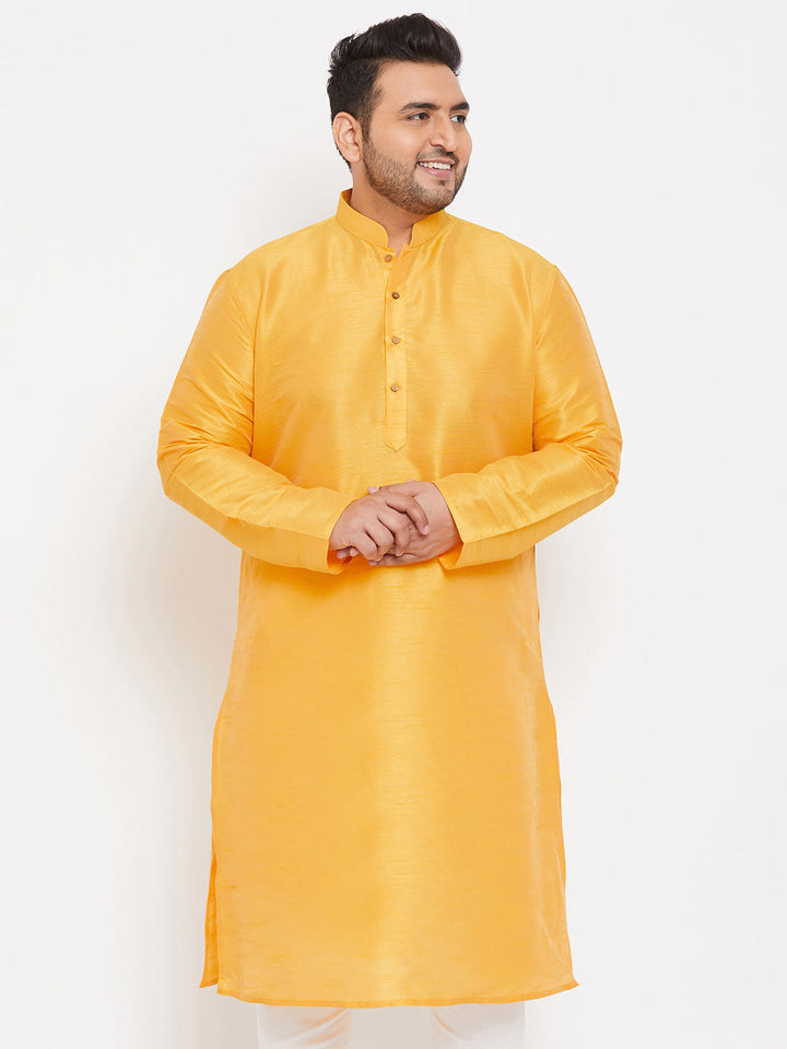 VASTRAMAY Men's Plus Size Yellow Silk Blend Kurta