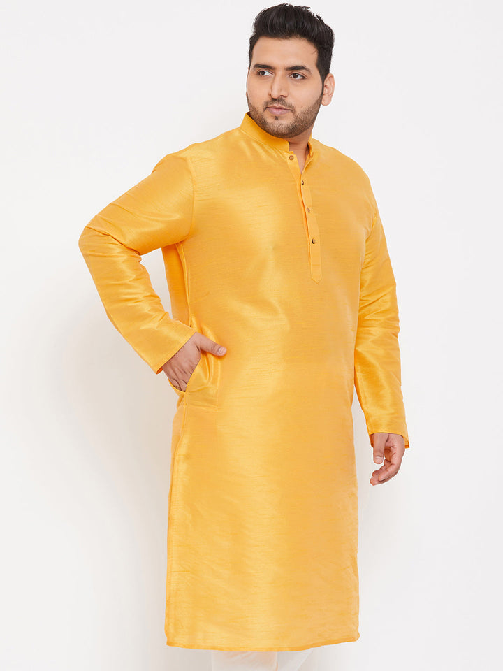 VASTRAMAY Men's Plus Size Yellow Silk Blend Kurta