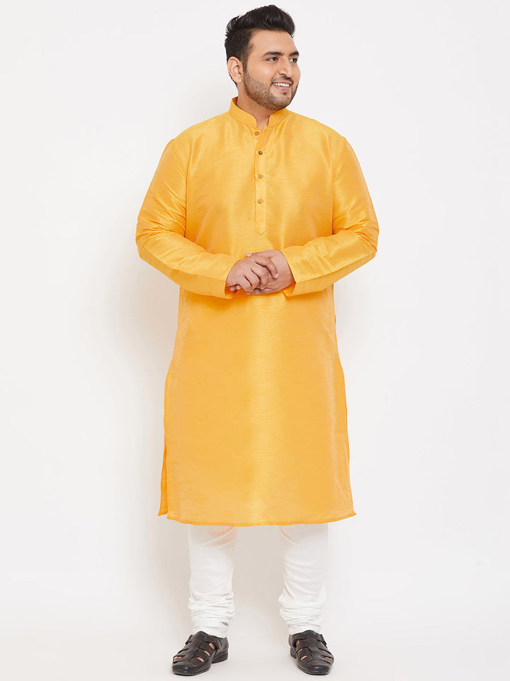 VASTRAMAY Men's Plus Size Yellow Silk Blend Kurta