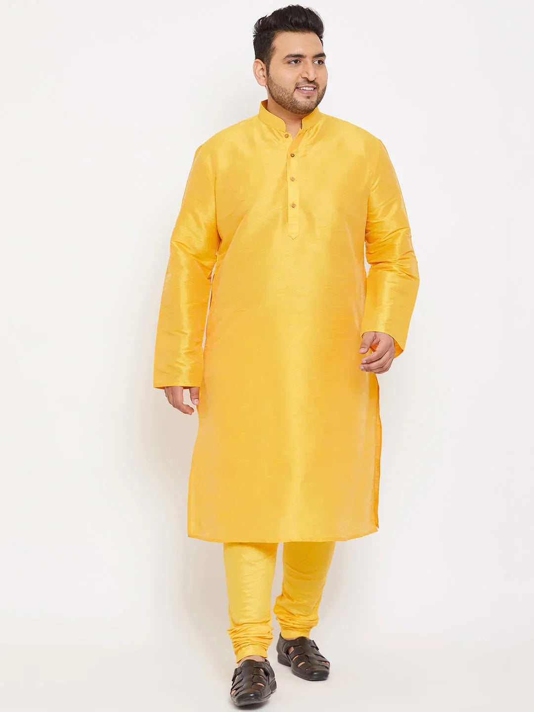 Men's Plus Size Yellow Silk Blend Kurta Pyjama Set