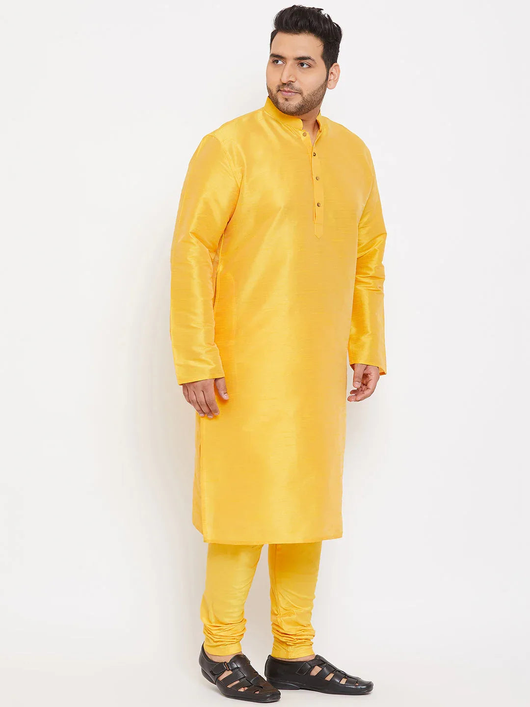 Men's Plus Size Yellow Silk Blend Kurta Pyjama Set
