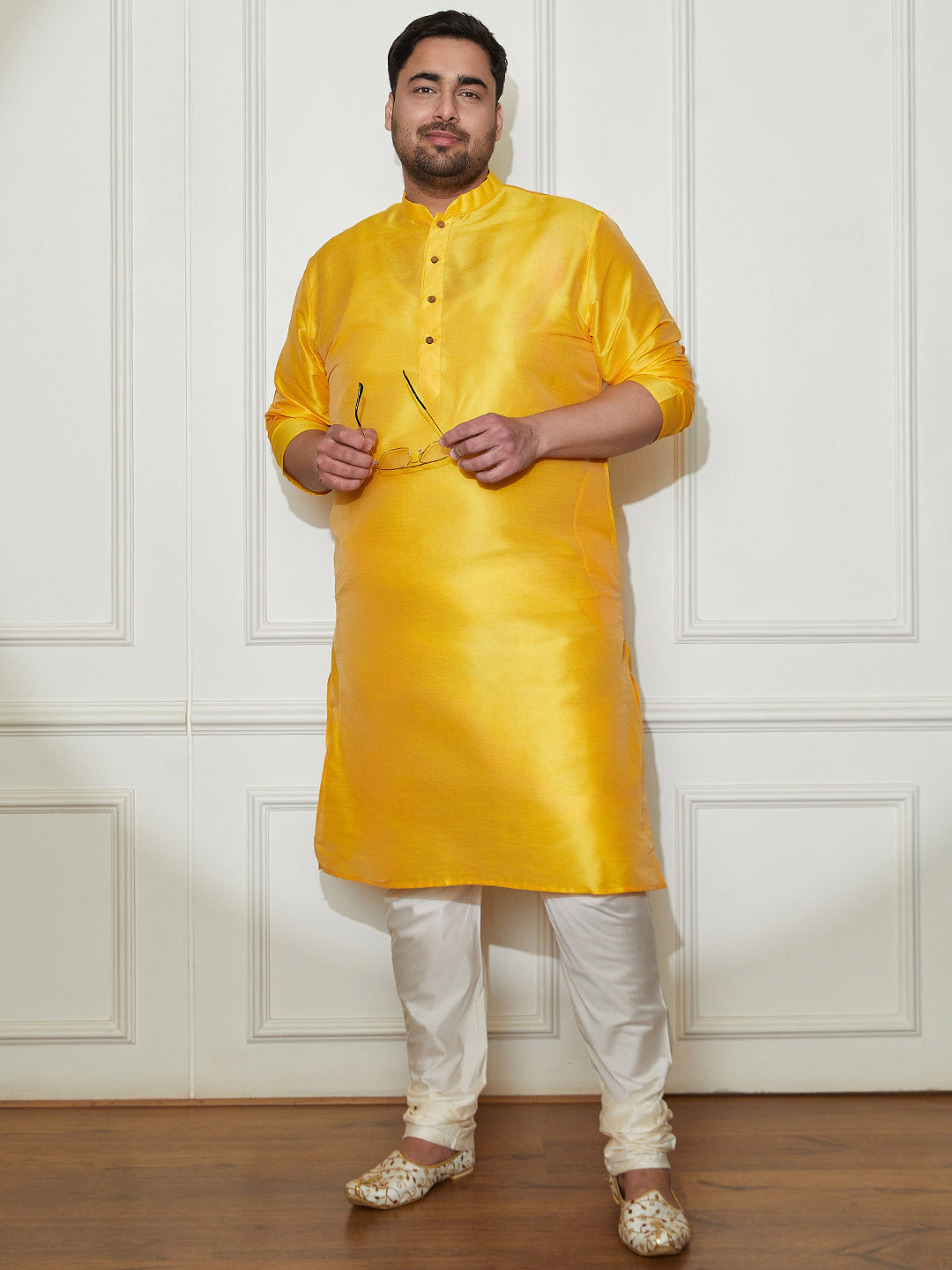Plus Men's Yellow Silk Blend Kurta Pyjama Set