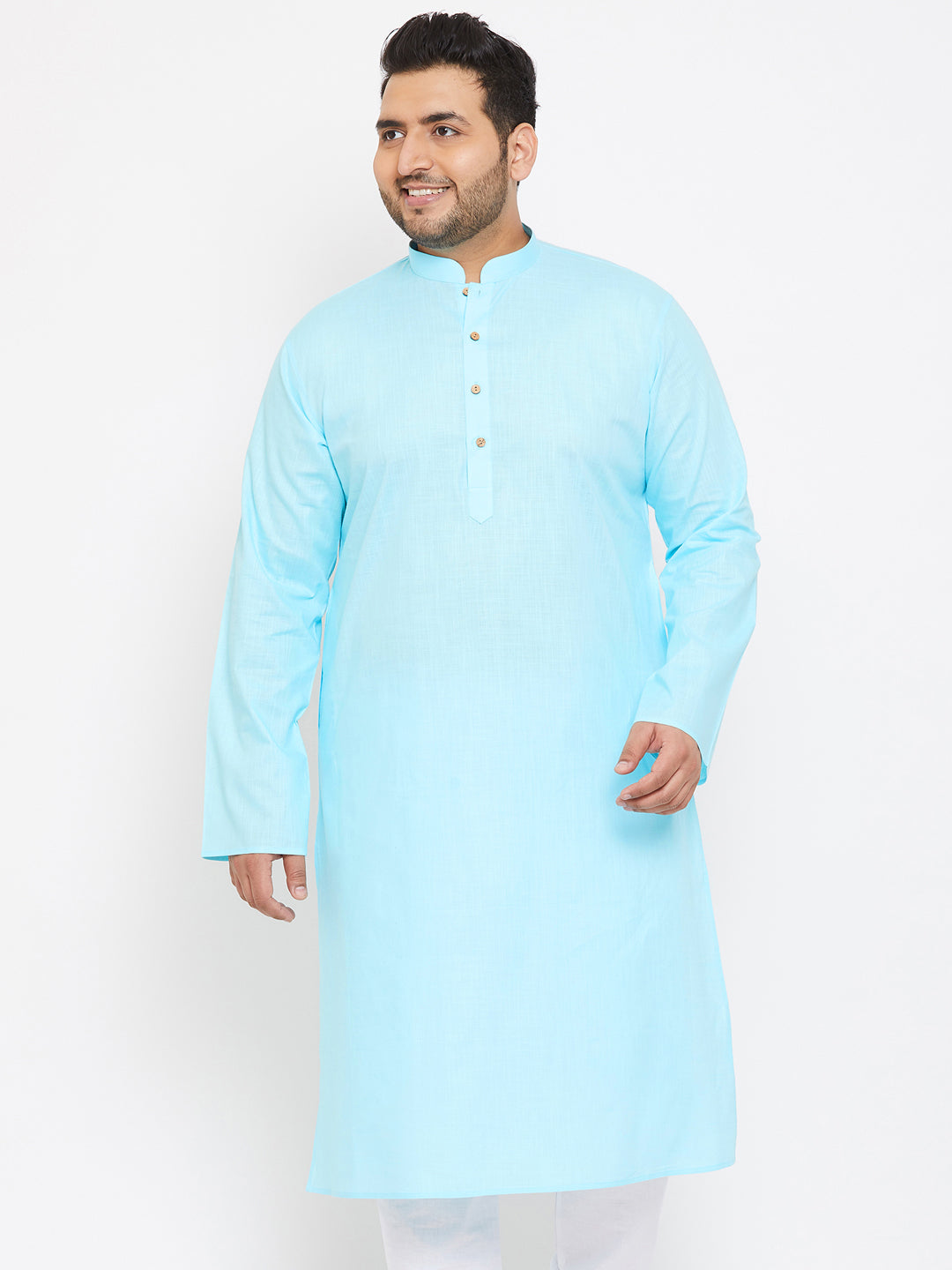 VASTRAMAY Men's Plus Size Aqua Blue Cotton Kurta with Traditional Indian Embroidery