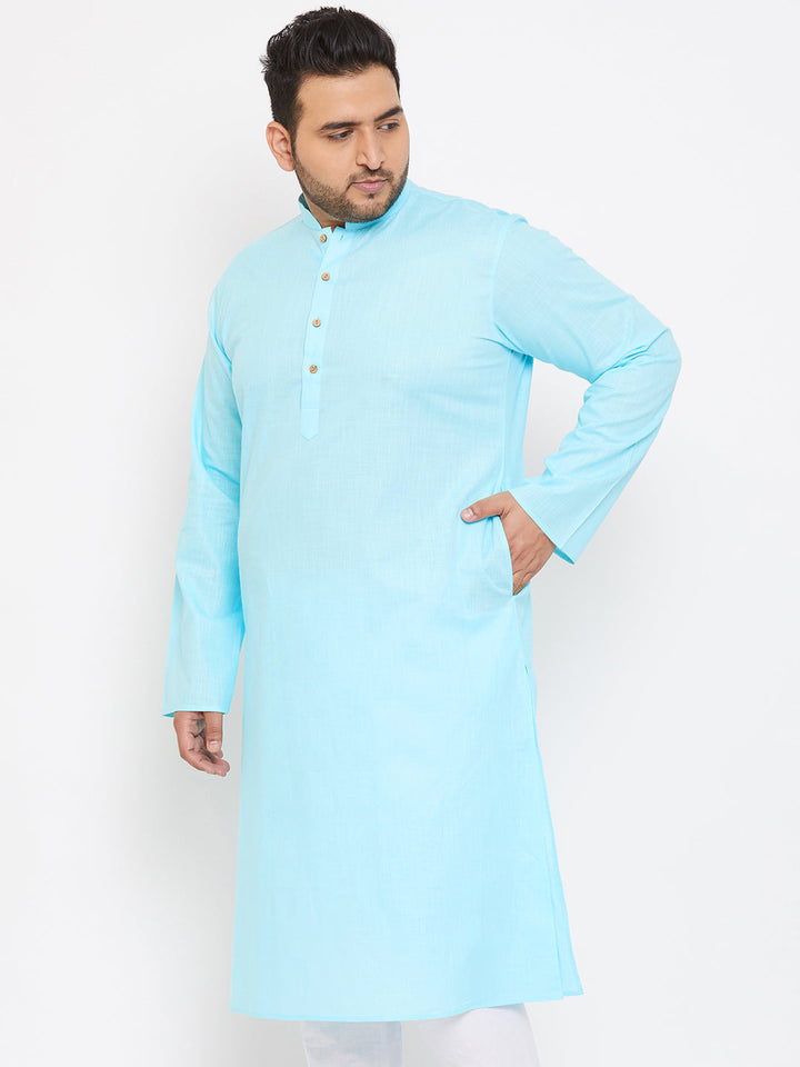 VASTRAMAY Men's Plus Size Aqua Blue Cotton Kurta with intricate embroidery and mandarin collar