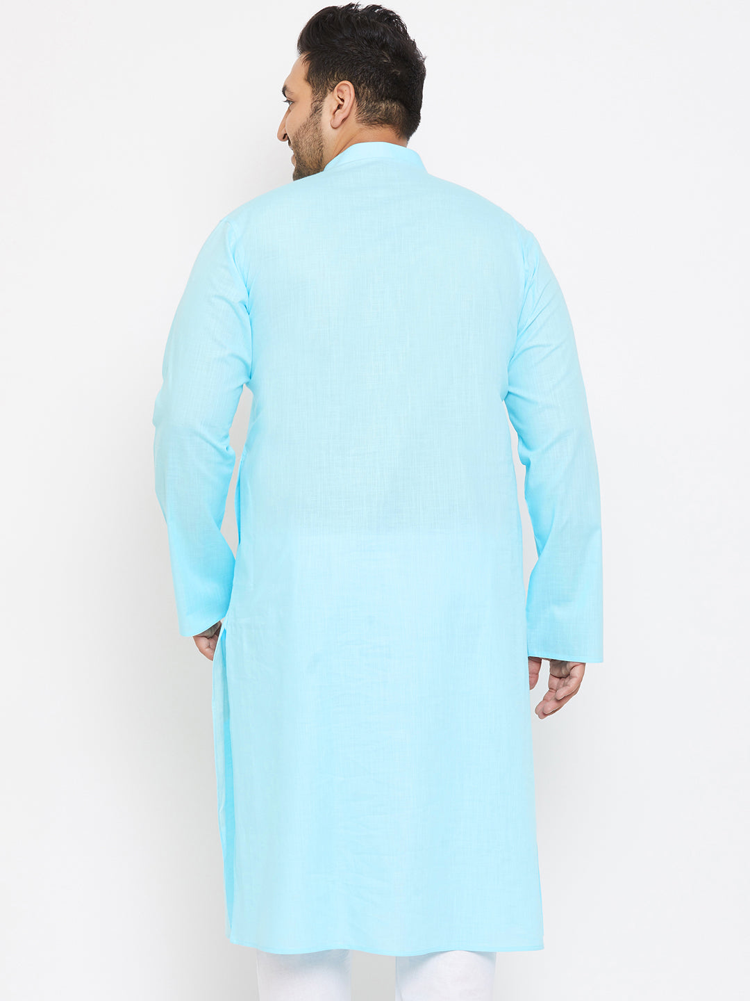 VASTRAMAY Men's Plus Size Aqua Blue Cotton Kurta with intricate embroidery