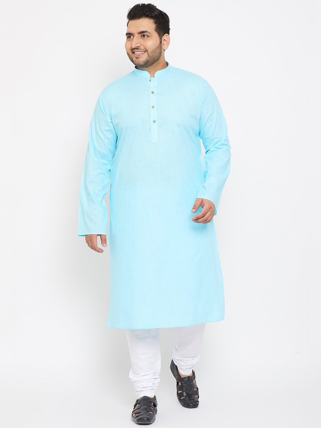 VASTRAMAY Men's Plus Size Aqua Blue Cotton Kurta