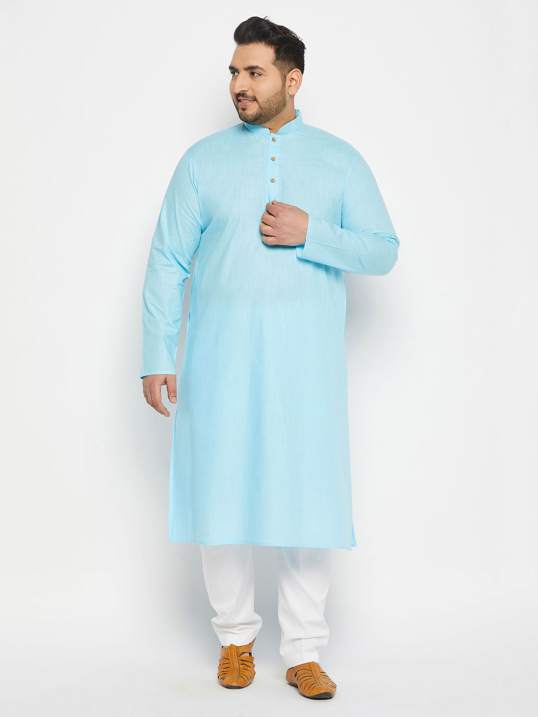 VASTRAMAY Men's Plus Size Aqua Blue Cotton Kurta And Cotton Pant Style Pyjama Set