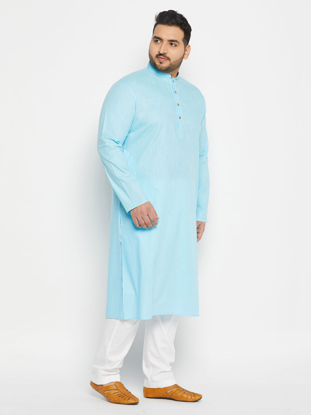 VASTRAMAY Men's Plus Size Aqua Blue Cotton Kurta And Cotton Pant Style Pyjama Set - comfortable and stylish traditional Indian outfit for men