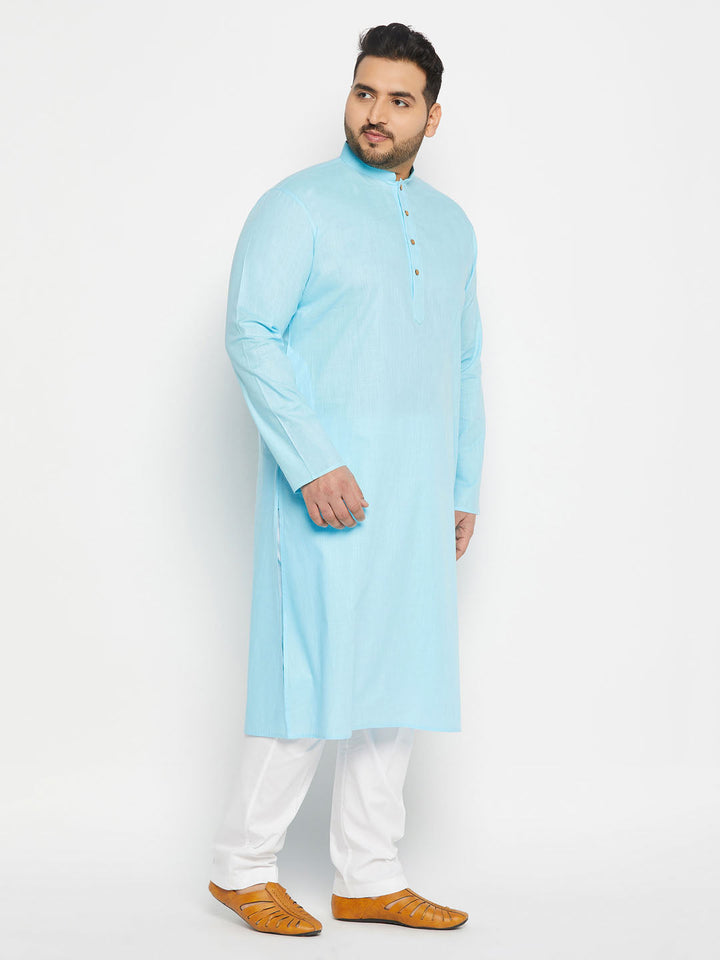 VASTRAMAY Men's Plus Size Aqua Blue Cotton Kurta And Cotton Pant Style Pyjama Set