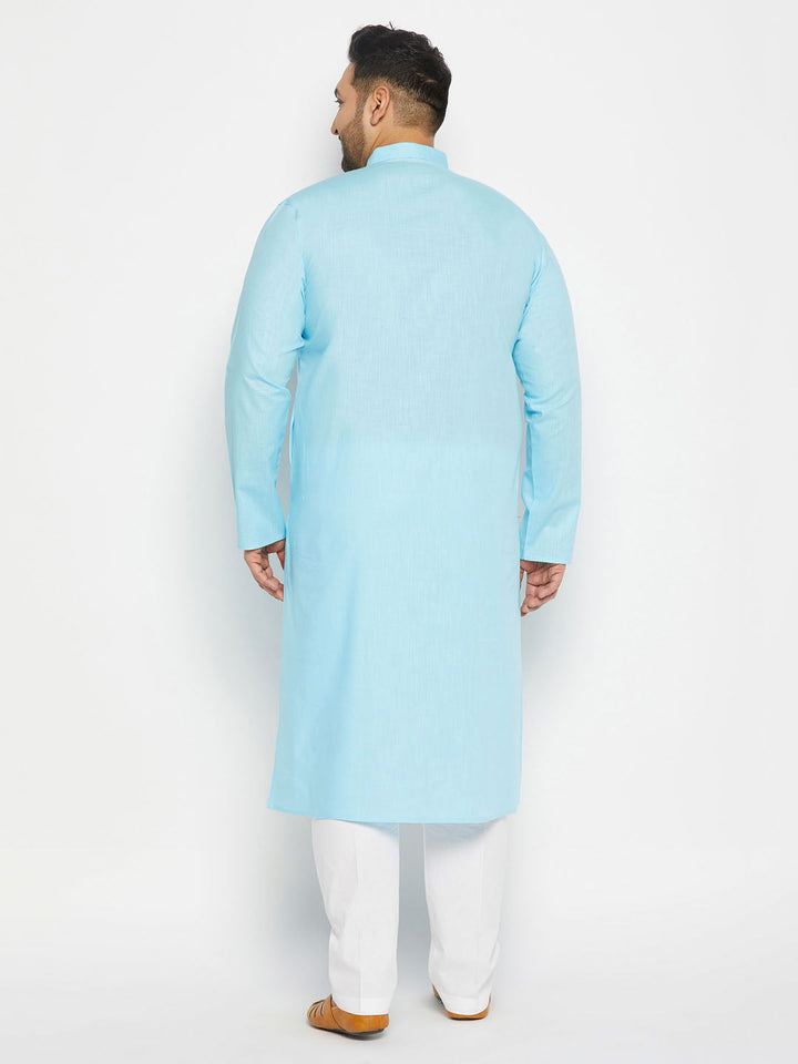 VASTRAMAY Men's Plus Size Aqua Blue Cotton Kurta And Cotton Pant Style Pyjama Set - traditional Indian men's outfit in aqua blue color