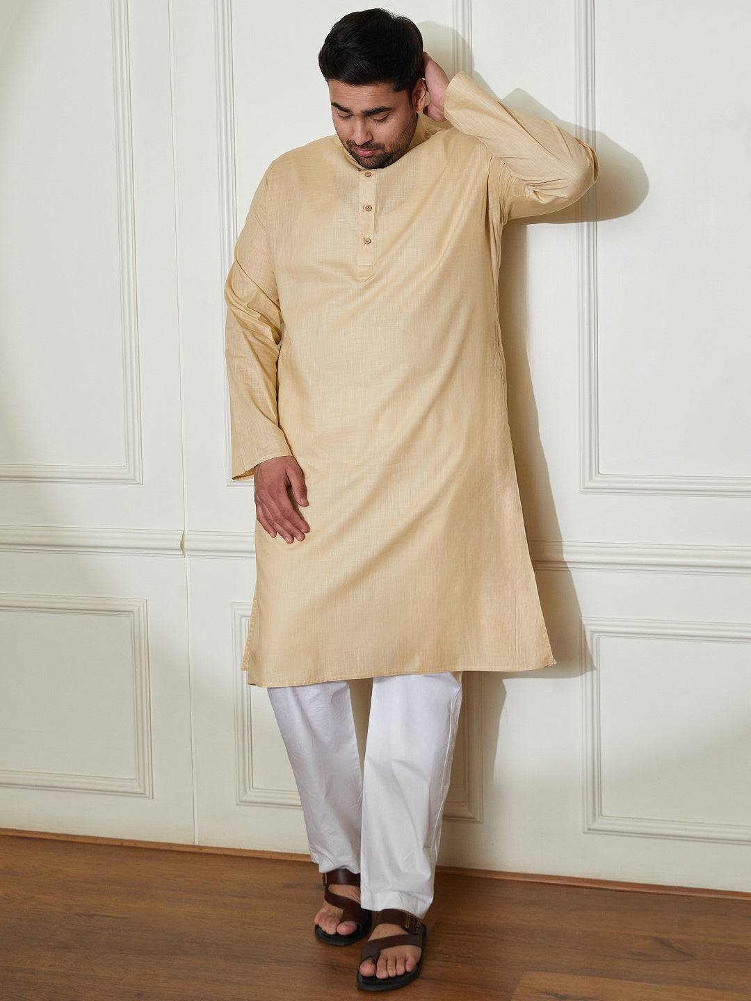 Plus Men's Beige And White Cotton Linen Kurta Pyjama Set