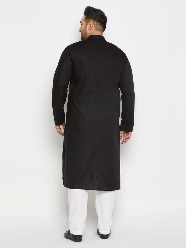  Close-up of the intricate embroidery detail on the VASTRAMAY Men's Plus Size Black Cotton Kurta