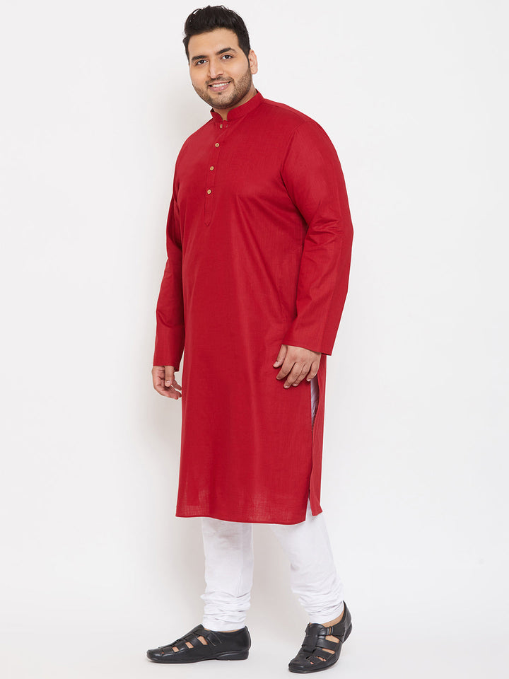 VASTRAMAY Men's Plus Size Maroon Cotton Kurta And Pyjama Set on a hanger in a well-lit room