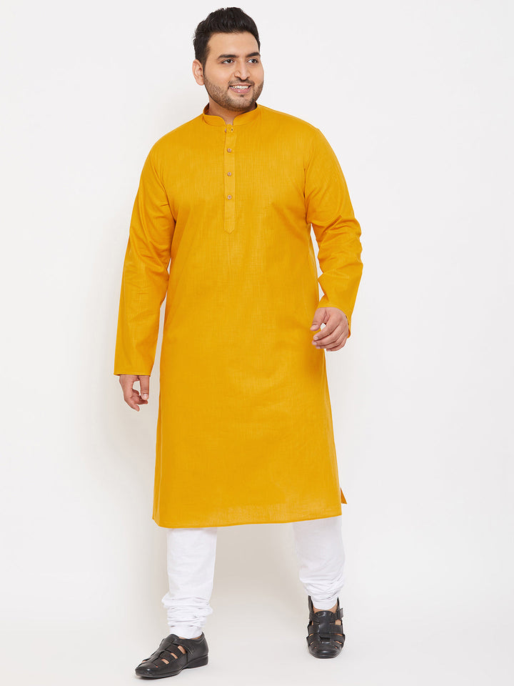 VASTRAMAY Men's Plus Size Mustard Cotton Kurta And Pyjama Set - Traditional Indian ethnic wear for men made of comfortable cotton fabric in a vibrant mustard color