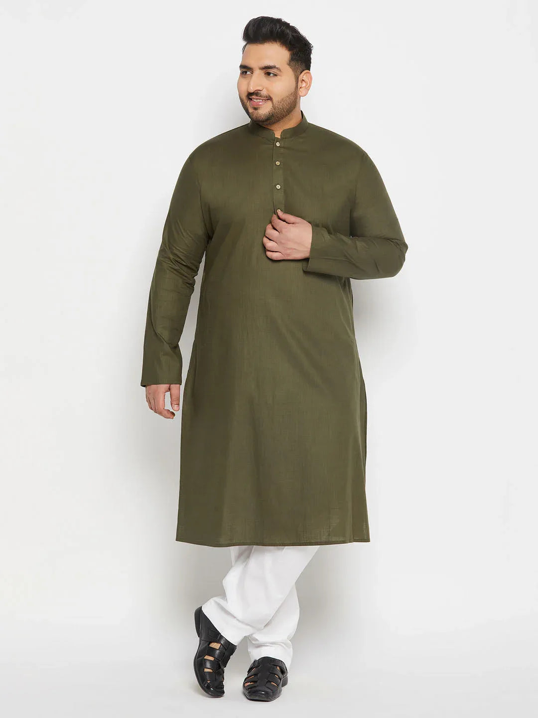 Men's Plus Size Mehndi Green Cotton Kurta And Cotton Pant Style Pyjama Set