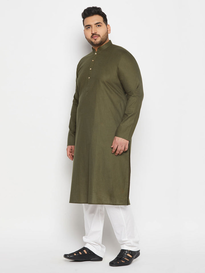 VASTRAMAY Men's Plus Size Mehndi Green Cotton Kurta And Cotton Pant Style Pyjama Set