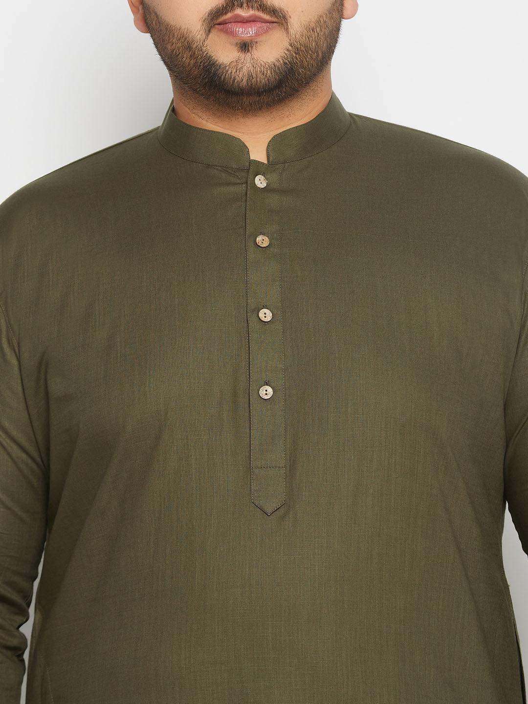 Men's Plus Size Mehndi Green Cotton Kurta And Cotton Pant Style Pyjama Set