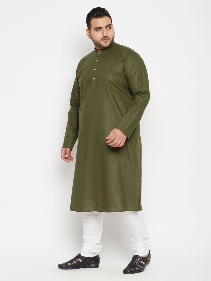 VASTRAMAY Men's Plus Size Mahendi Green And White Cotton Blend Kurta Pyjama Set