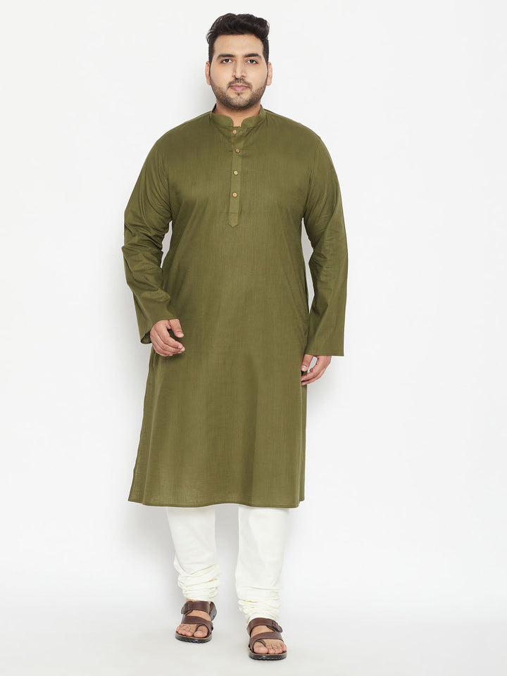 VASTRAMAY Men's Plus Size Mehendi Green And Cream Cotton Blend Kurta Pyjama Set