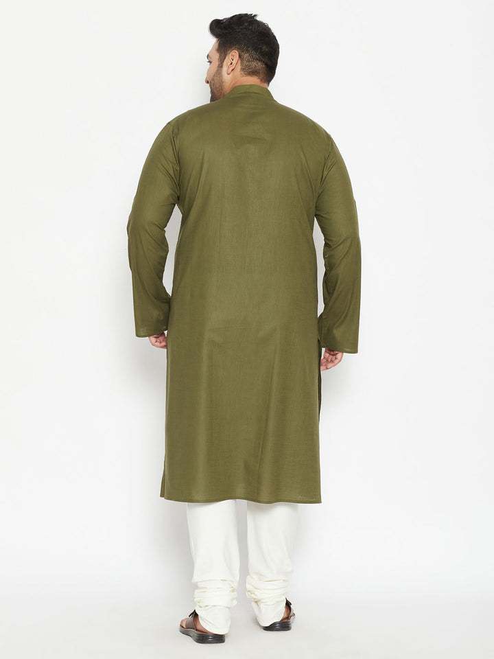 VASTRAMAY Men's Plus Size Mehendi Green And Cream Cotton Blend Kurta Pyjama Set