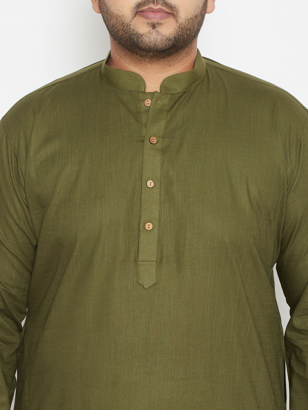 VASTRAMAY Men's Plus Size Mehendi Green And Cream Cotton Blend Kurta Pyjama Set