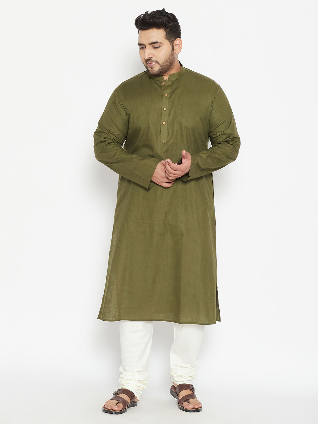 VASTRAMAY Men's Plus Size Mehendi Green And Cream Cotton Blend Kurta Pyjama Set