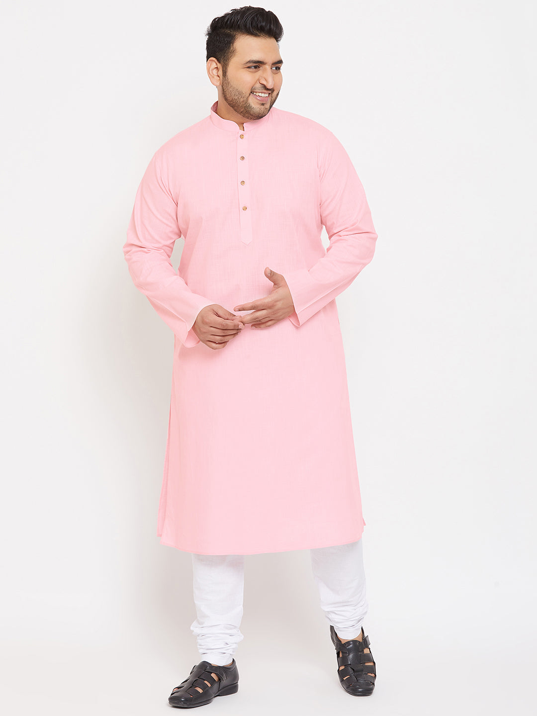 VASTRAMAY Men's Plus Size Pink Cotton Kurta And Pyjama Set - Traditional Indian ethnic clothing for men in a comfortable and breathable fabric