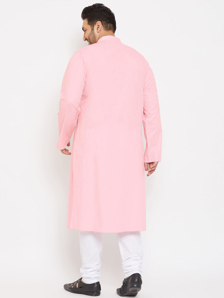 A full-length image of a VASTRAMAY Men's Plus Size Pink Cotton Kurta And Pyjama Set, featuring a traditional Indian outfit with intricate embroidery and comfortable, breathable fabric