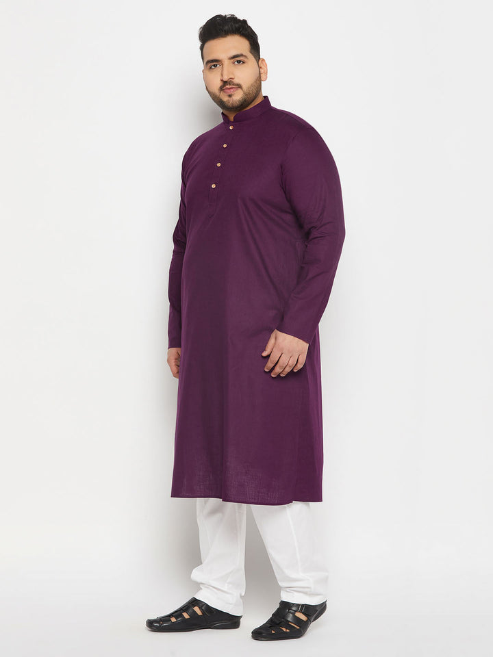 VASTRAMAY Men's Plus Size Purple Cotton Kurta And Cotton Pant Style Pyjama Set