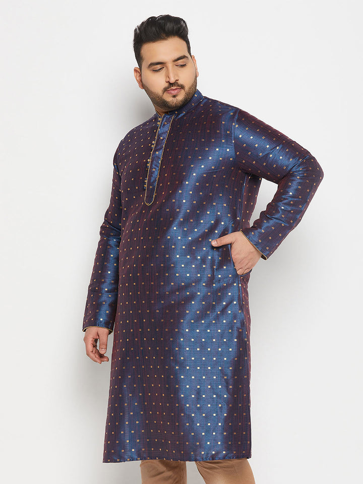 Alt text: VASTRAMAY Navy Blue Zari Weaved Kurta - Traditional Indian men's clothing with intricate blue and gold thread detailing