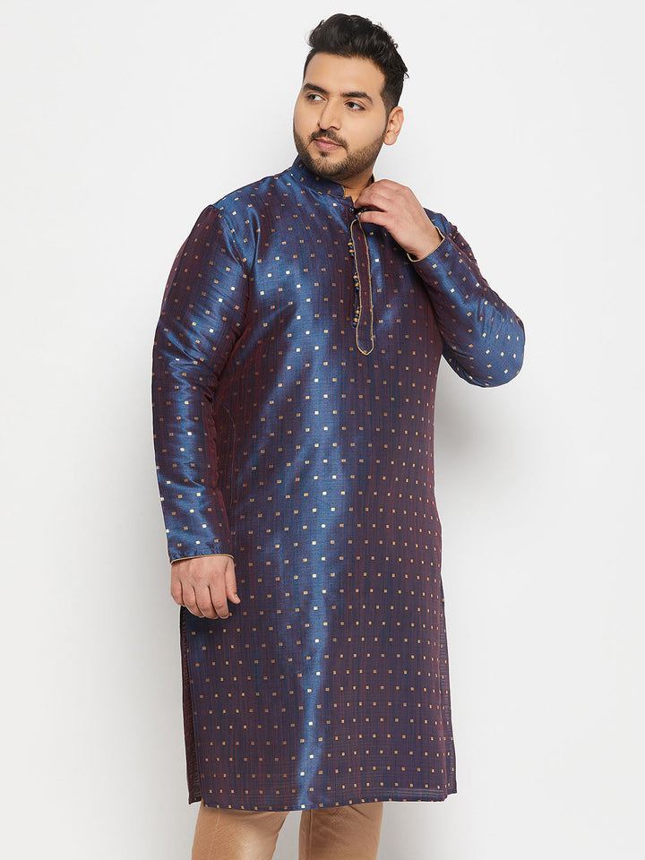 VASTRAMAY Men's Plus Size Navy Blue Zari Weaved Kurta