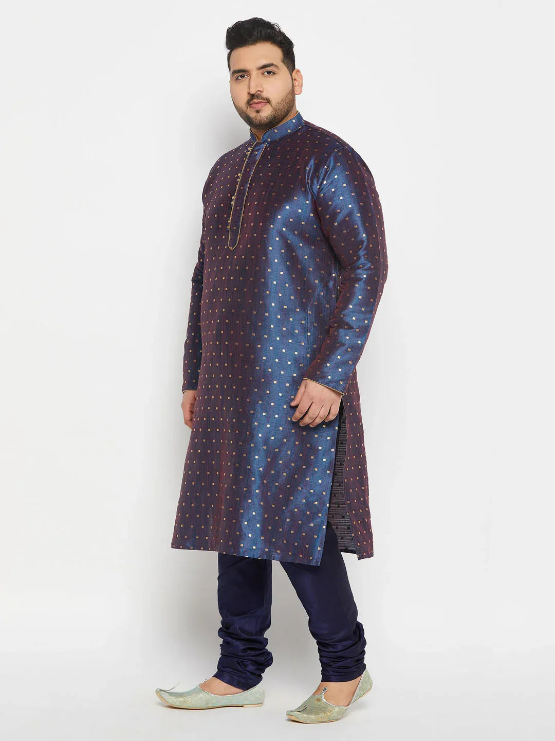 Men's Plus Size Navy Blue Zari Weaved Kurta Pyjama Set