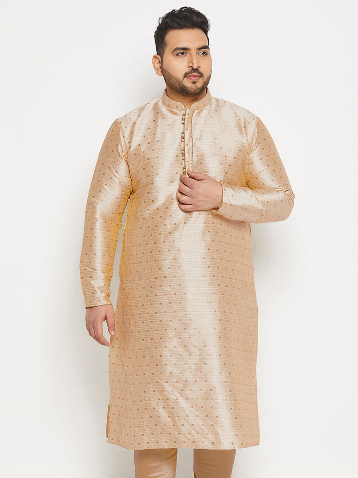 VASTRAMAY Men's Plus Size Gold Zari Weaved Kurta front view with intricate detailing and traditional design