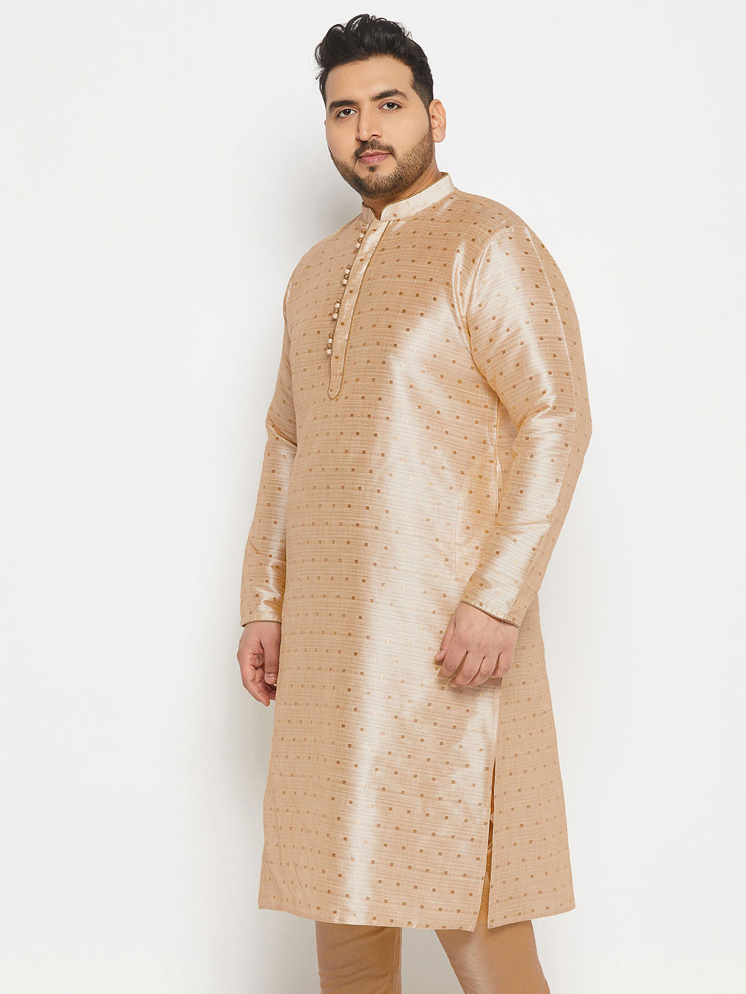 VASTRAMAY Men's Plus Size Gold Zari Weaved Kurta, Front View, Traditional Indian Ethnic Wear for Special Occasions 