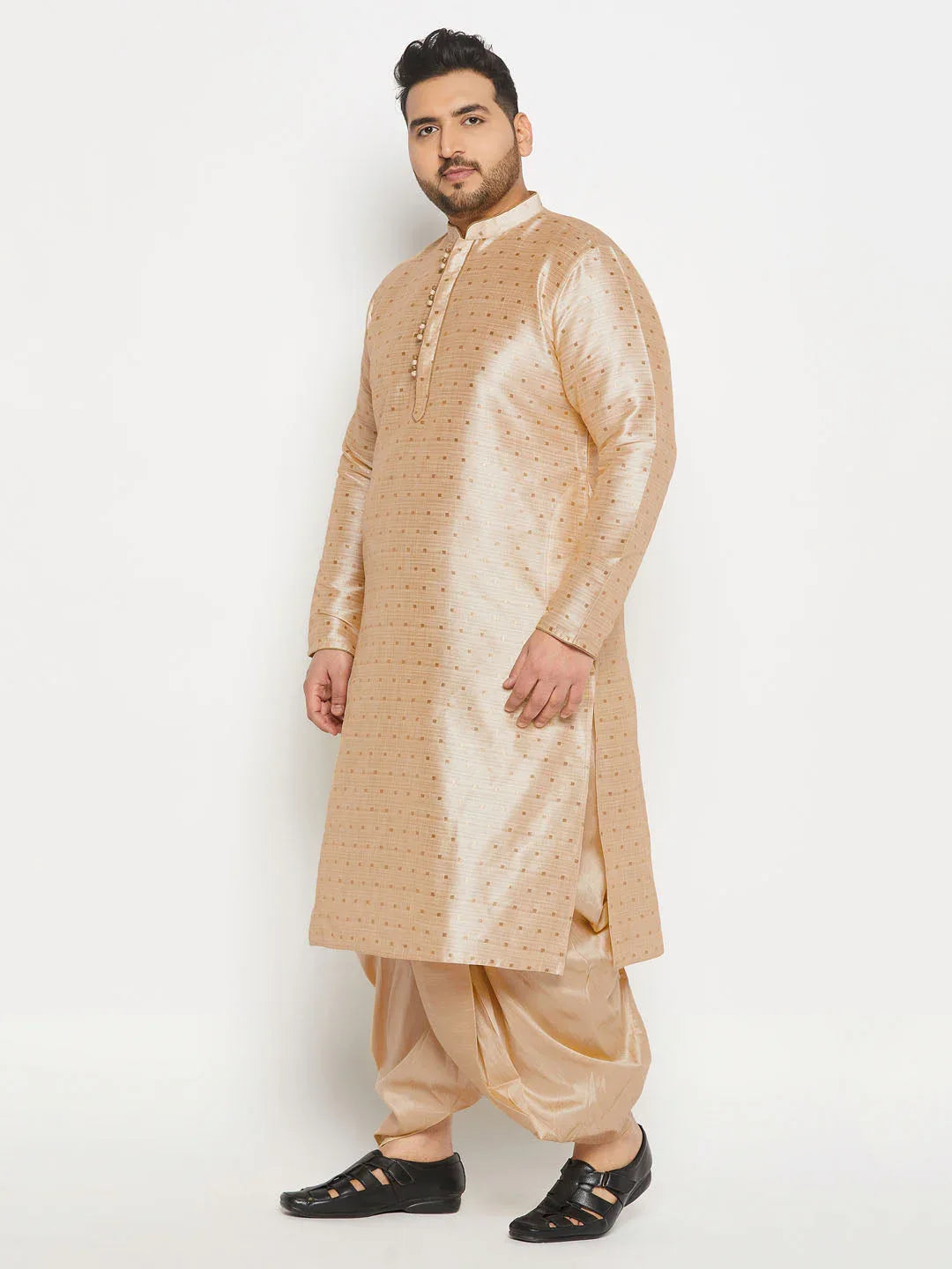 Men's Plus Size Gold Zari Weaved Kurta Dhoti Set