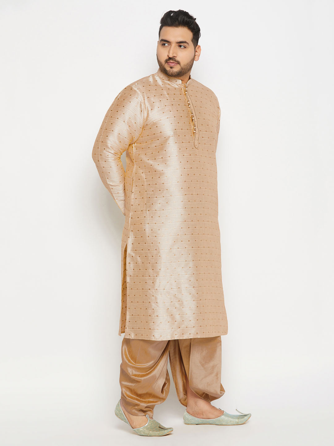 VASTRAMAY Men's Plus Size Gold Zari Weaved Kurta Dhoti Set for traditional Indian occasions and celebrations