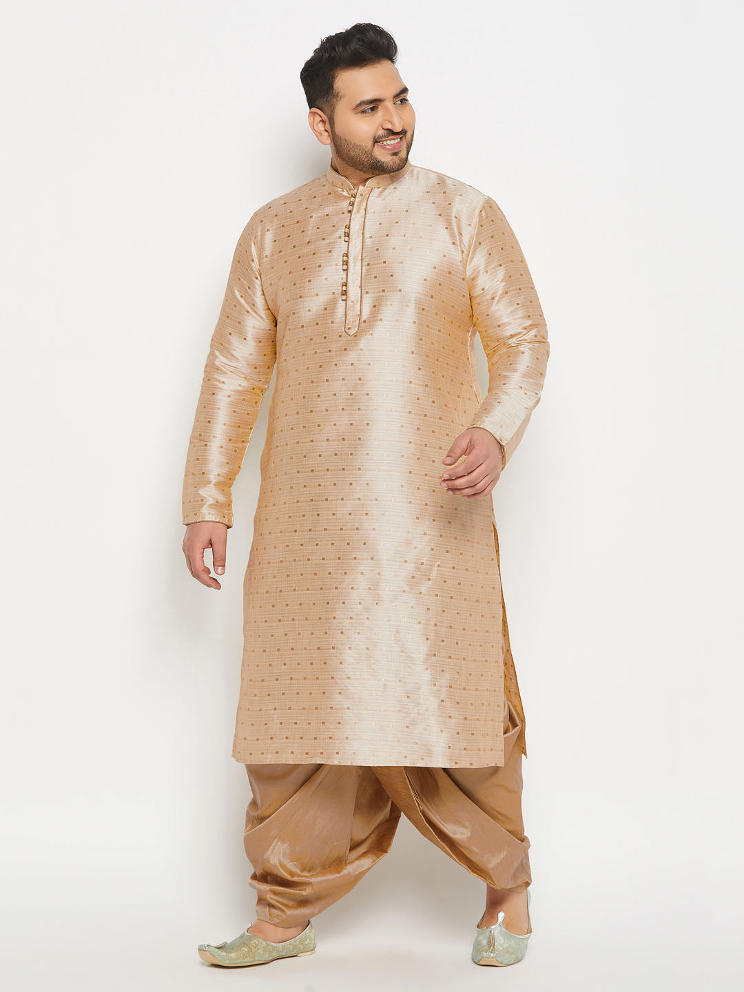 VASTRAMAY Men's Plus Size Gold Zari Weaved Kurta Dhoti Set - Traditional Indian ethnic wear with intricate gold zari weaving for special occasions